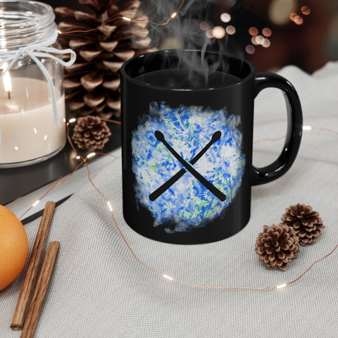 Vintage Blue White Tie Dye - Drumsticks - 11oz Black Mug