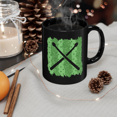 Vintage Green Glitter Dots - Drumsticks - 11oz Black Mug