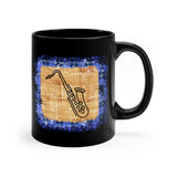 Vintage Blue Burlap - Tenor Sax - 11oz Black Mug